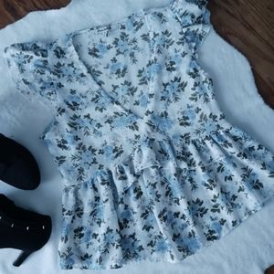 Miss Selfie • Women's Cottagecore Floral Ruffle Cap Sleeve Blouse Top